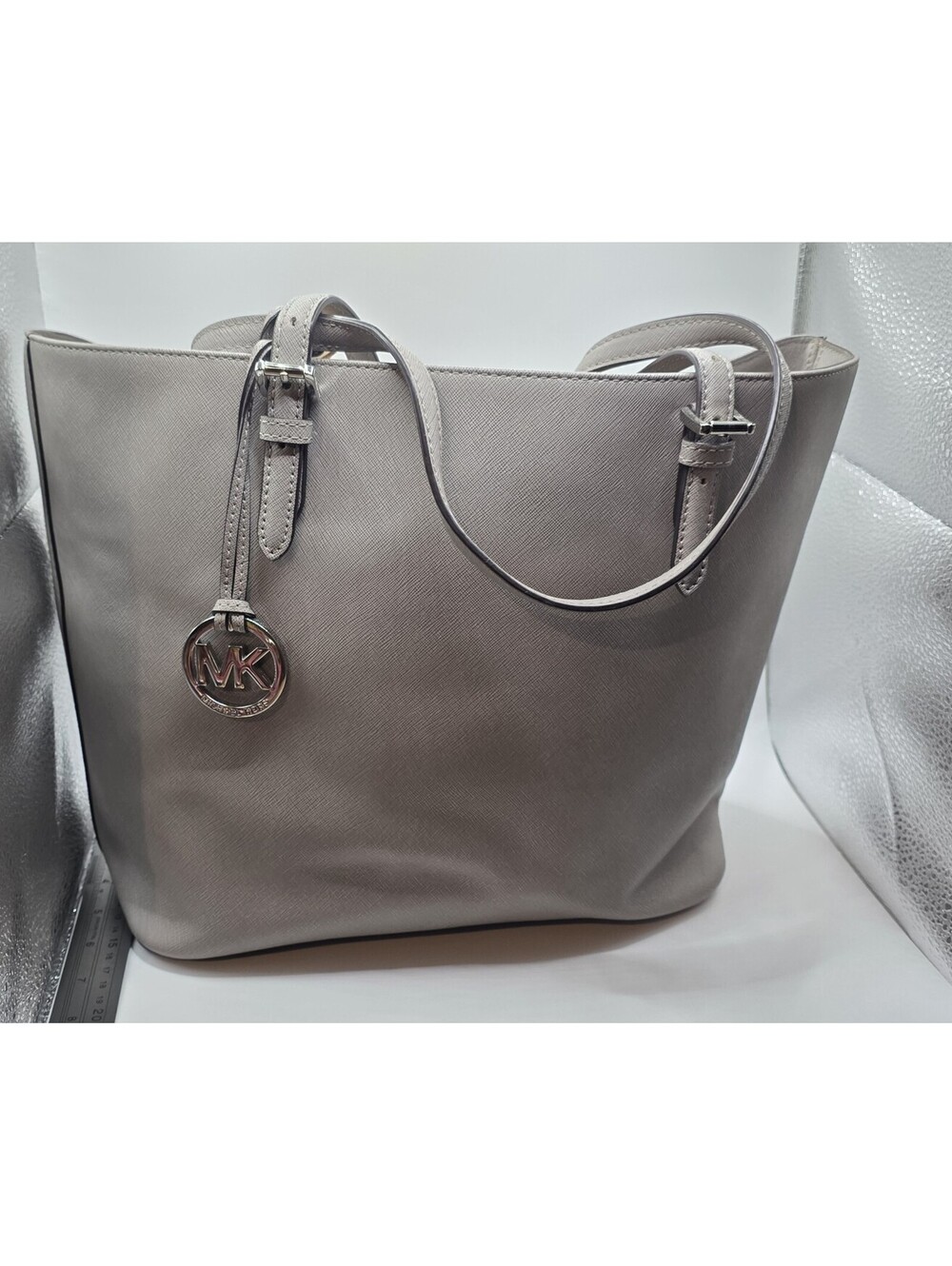 Michael Kors Jet Set Large Saffiano Leather Snap Pocket Tote Pearl Grey